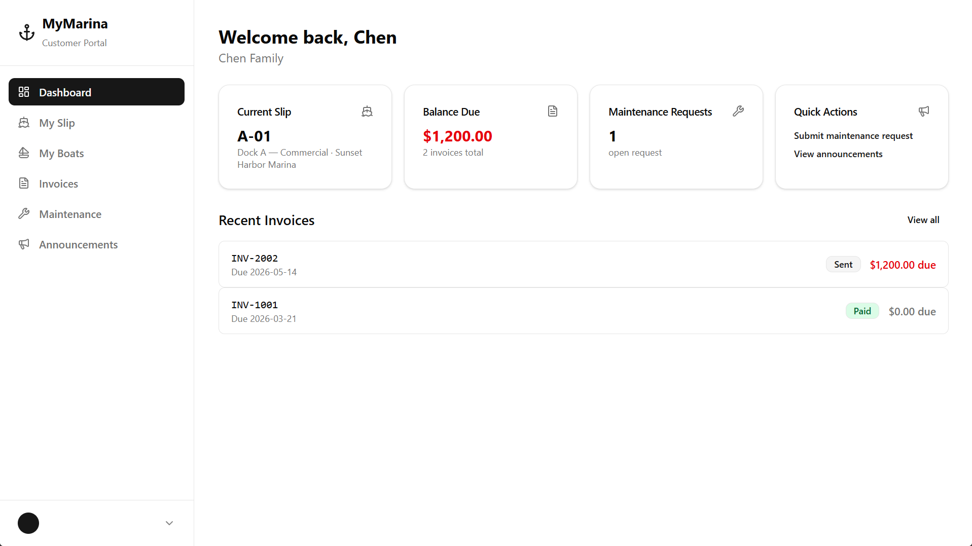 Customer self-service portal showing slip details, boats, and upcoming bookings