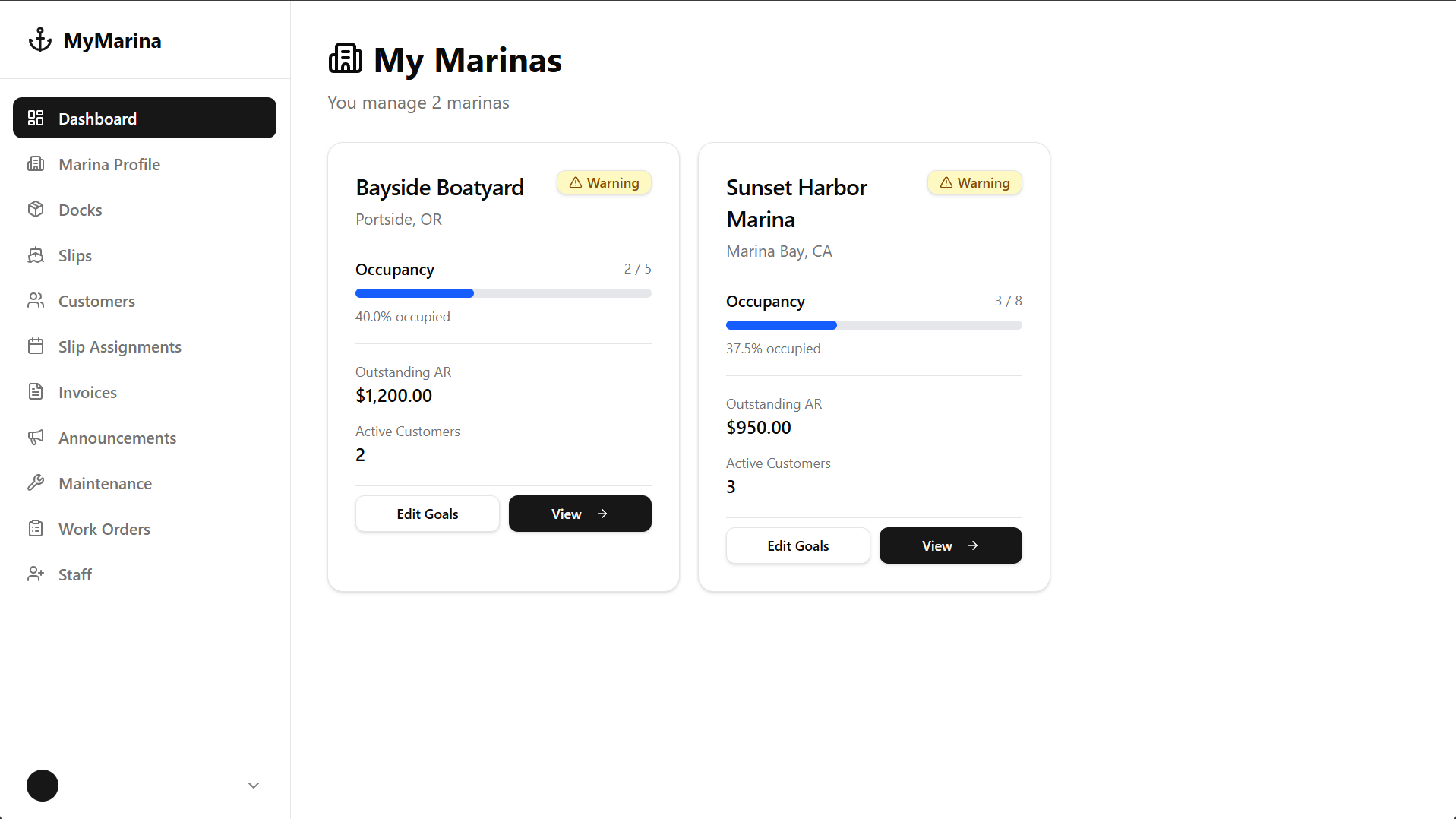 MyMarina operator dashboard showing marina overview, slip occupancy, and quick stats